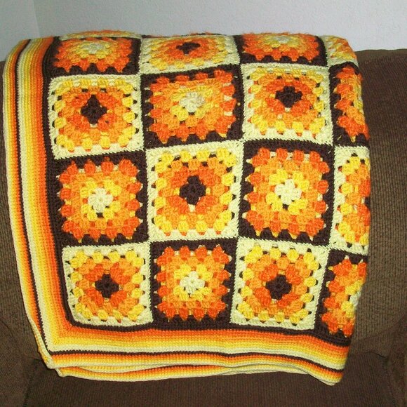 Vintage 70's Hand Crochet Granny Square Afghan Orange Yellow Brown 42" x 70" - Picture 1 of 8